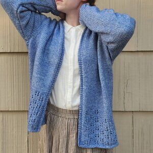 Cozy Cardigan Sweater Lace, Cotton Wool Blue, Women's M L, Hand Knit Relaxed